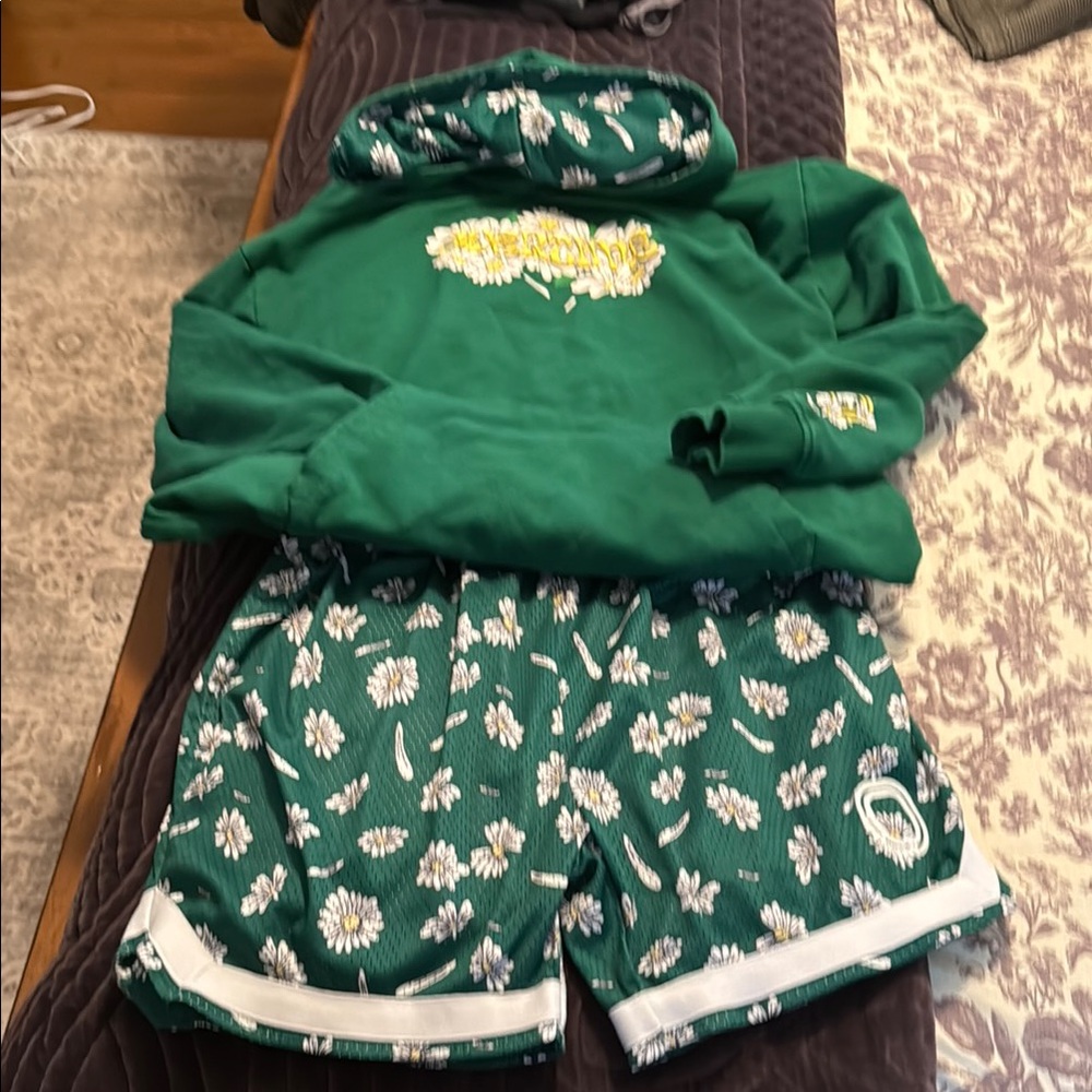 Green Floral Hoodie and Shorts Set